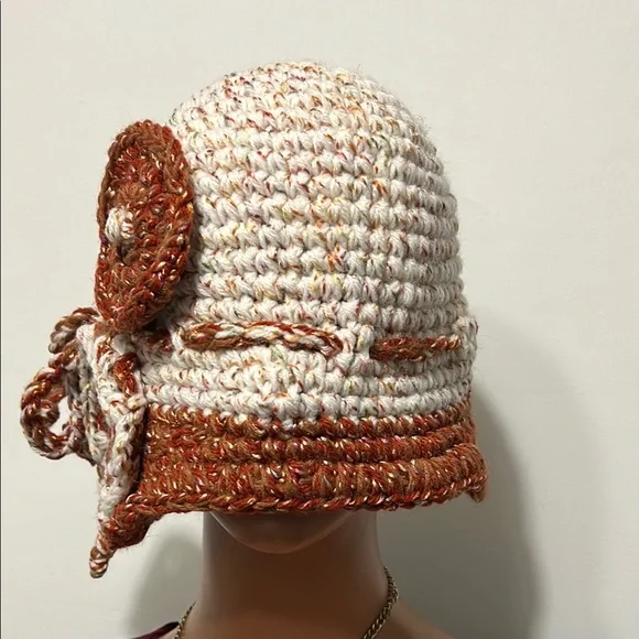 Handcrafted Cream and Brown Crochet Hat Blooming Ruffle Crochet Bucket Hat , Brown Beige and Gold  main image 3